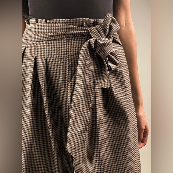 ZARA Plaid Gingham Brown Wide Legged Pants With Bow Tie Detail - Picture 2 of 4